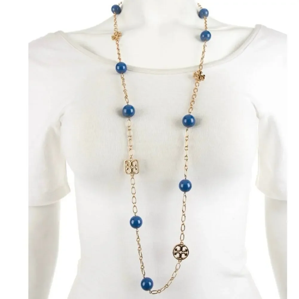 Tory Burch‎ Designer Evie Teal Resin Logo Station Gold Plated Necklace